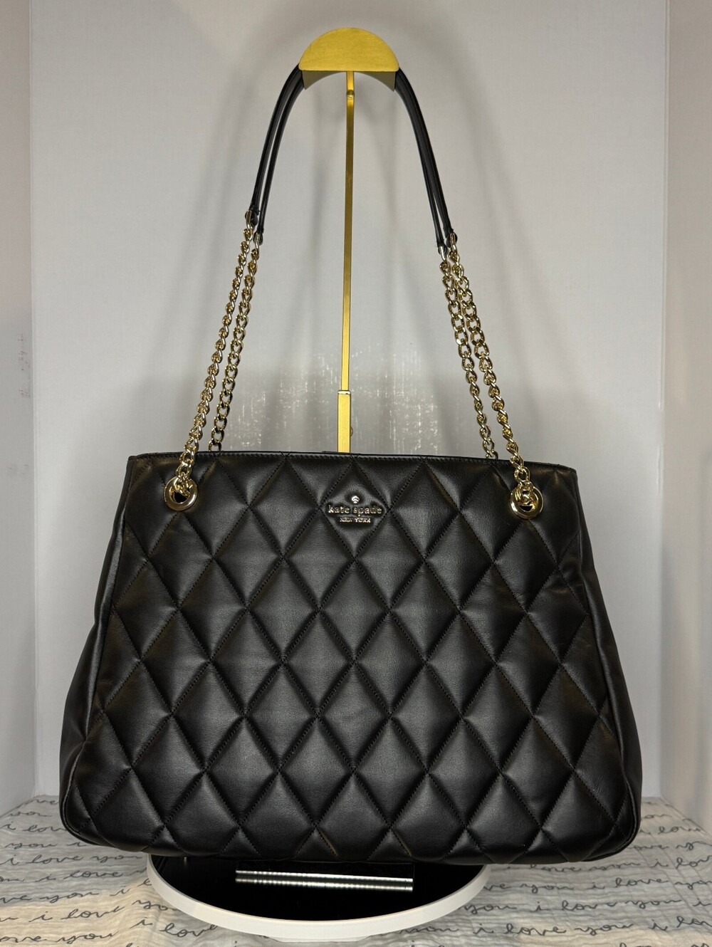 Kate Spade Carey Quilted Leather Tote Black Gold Chain Large Shoulder Bag